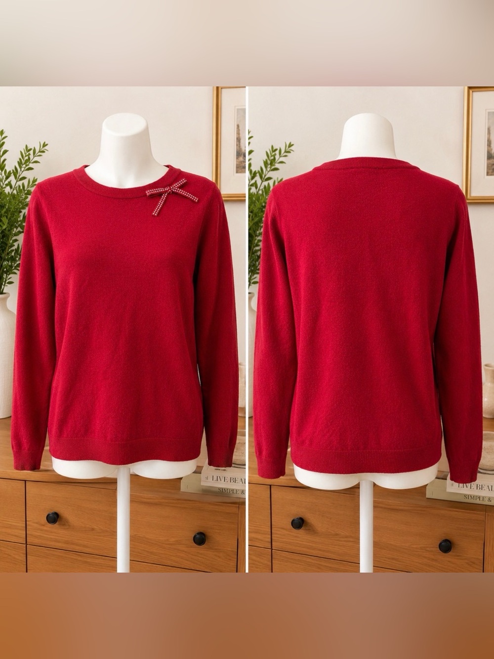 Red Crewneck Sweater with Decorative Bow size small